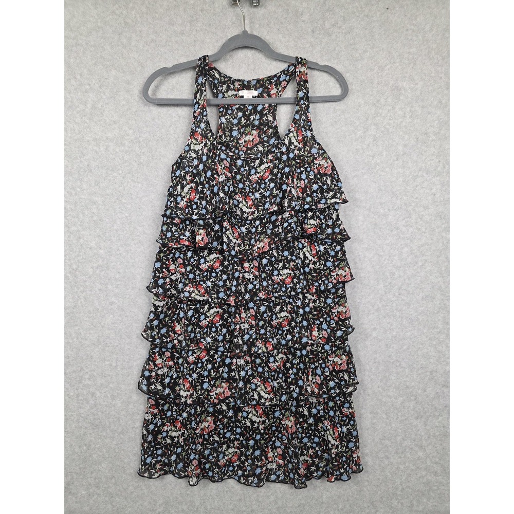 Tiered‎ Floral Ruffle Dress Womens Small Black Chiffon Sleeveless Lined Mini
